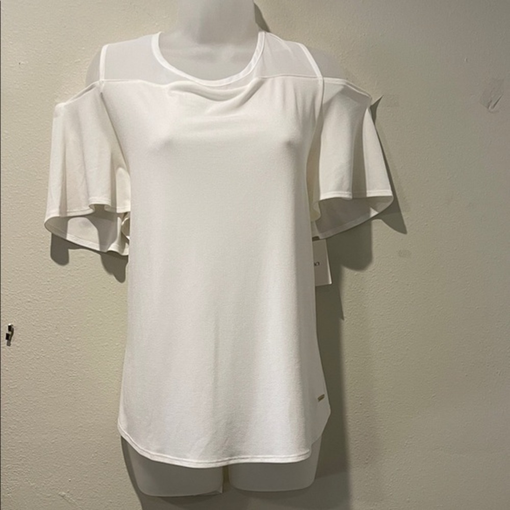 White Cold-Shoulder short Sleeve Top, XL